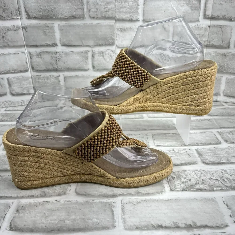 Candie’s Paxsha Women's Size 9 Natural Beaded Thong Wedge Sandals